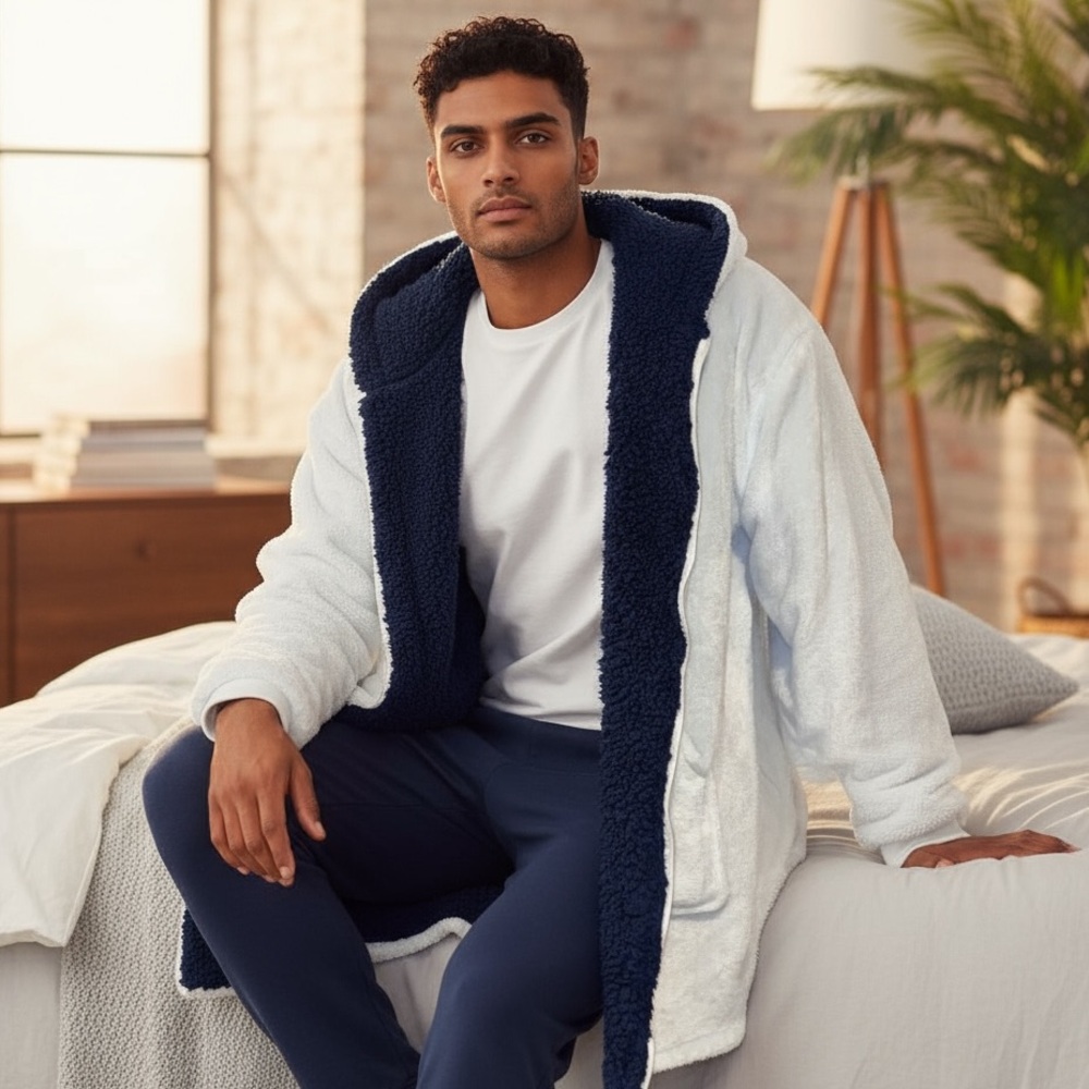 Sherpy Cozy Wearable Blanket Hoodie Zip Front | Off-White & Navy L/XL Oversized